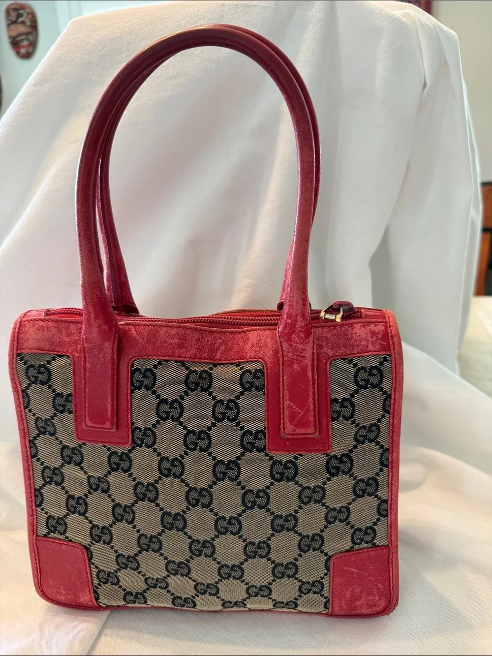 Gucci Beige Monogram Canvas Satchel with Red Trim